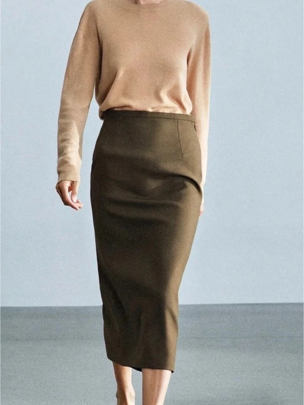 Zara Woman Collection 100% Wool Midi Skirt Khaki XS NWT